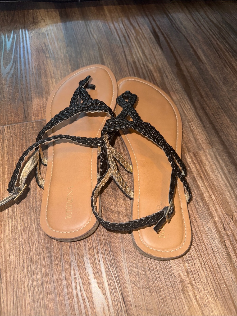 Braided Black-Strap Sandals with Tan Footbed